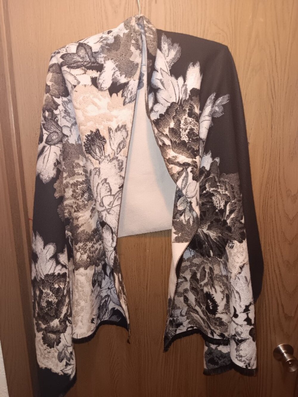 Anne Klein black floral design with fringe shawl scarf wrap